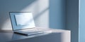 Modern laptop computer displaying software interface on screen placed on minimalist white table with soft natural light and blue Royalty Free Stock Photo