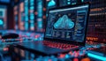 Modern laptop computer displays cloud tech. Serverless tech on hybrid cloud network. Digital infrastructure equipment in