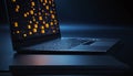 Modern laptop displaying abstract digital data cubes in a dark futuristic environment Royalty Free Stock Photo