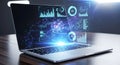 Modern Laptop Displaying AI Data Analytics Dashboard on Screen in Dark Office Setting, Concept of Advanced Technology, Business Royalty Free Stock Photo