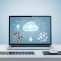 Modern laptop displaying cloud computing data transfer with network icons and user profiles Royalty Free Stock Photo