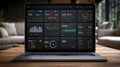 Modern laptop displaying complex data dashboard with multiple charts and graphs in a cozy living room setting Royalty Free Stock Photo