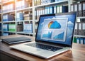A modern laptop displaying a dashboard for a cloud-based data management system, with digital files and records stored online, Royalty Free Stock Photo