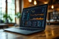 modern laptop displaying financial stock market data and graphs on screen in cozy office environment with natural light Royalty Free Stock Photo