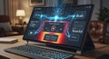 Modern laptop displaying futuristic predictive analytics dashboard with glowing data streams Royalty Free Stock Photo