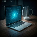Modern laptop displaying futuristic software interface on wooden desk