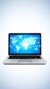 Modern laptop displaying a glowing blue global network connecting continents on a white background Royalty Free Stock Photo