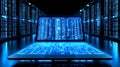 A modern laptop displaying intricate blue data patterns in a digital environment Royalty Free Stock Photo