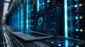 Modern laptop displaying programming code and analytics dashboard in a high-tech data center. Server racks. AI generated Royalty Free Stock Photo