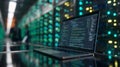 Modern laptop displaying programming code and analytics dashboard in a high-tech data center. Server racks. AI generated Royalty Free Stock Photo