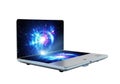Modern laptop displaying vibrant digital explosion effect on screen, isolated on white background Royalty Free Stock Photo