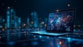 Modern laptop displaying a world map with city lights in the background showcasing globalization and technology advancements in a Royalty Free Stock Photo