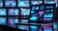 Modern laptop displays complex data visualizations and graphs in futuristic office white background Royalty Free Stock Photo