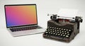 A modern laptop with a gradient screen sits beside a vintage typewriter with a Royalty Free Stock Photo