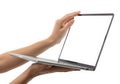 Laptop held by hands isolated on i soleted on white background Royalty Free Stock Photo
