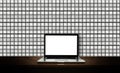 Modern laptop  isolated on brick glass wall background. 3D illustration Royalty Free Stock Photo