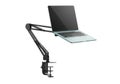Modern laptop mounted on adjustable desk arm clamp for ergonomic workspace setup Royalty Free Stock Photo