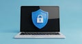 Laptop Displaying a Blue Shield with a White Padlock Icon on a Light Blue Background Royalty Free Stock Photo