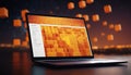Laptop displaying abstract orange cubes on screen with floating cubes background Royalty Free Stock Photo