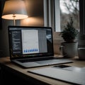 Modern laptop resting on a wooden desk illuminated by a lamp. AI-generated.