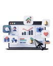 Modern Laptop Screen Data Analytics 3D Icons bell home love user blue media Royalty Free Stock Photo