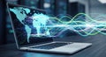 Futuristic laptop displays global data flow with digital energy waves visualizing connectivity Royalty Free Stock Photo
