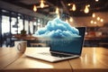Modern laptop screen showing digital representation of cloud computing technology