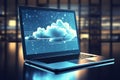 Modern laptop screen showing digital representation of cloud computing technology