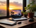 Modern laptop with screen on table against blurred sunset background, stunning view Royalty Free Stock Photo