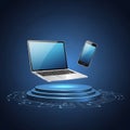 Floating Laptop and Smartphone on Futuristic Podium - Technology and Innovation Concept, cyber monday, cyber monday shop Royalty Free Stock Photo
