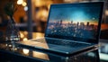Modern laptop on table in illuminated office building at night generated by AI Royalty Free Stock Photo