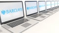 Modern laptops with Barclays logo. Computer technology conceptual editorial 3D rendering