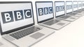Modern laptops with British Broadcasting Corporation BBC logo. Computer technology conceptual editorial 3D rendering Royalty Free Stock Photo