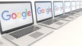 Modern laptops with Google logo. Computer technology conceptual editorial 3D rendering