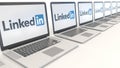 Modern laptops with LinkedIn logo. Computer technology conceptual editorial 3D rendering