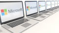 Modern laptops with Microsoft logo. Computer technology conceptual editorial 3D rendering