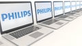 Modern laptops with Philips logo. Computer technology conceptual editorial 3D rendering
