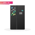 A modern large black refrigerator with a display, with magnets and photos on the door. Realistic design. On a white