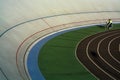 Modern, large, multicolored stadium and bike track for sportsmen. Bicycles. Active rest. Sport.