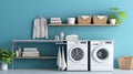 Modern Laundry Room With Blue Wall And Long Shelf