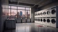 Modern laundry room, industrial washer and dryer, bright color interior. Royalty Free Stock Photo