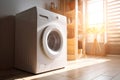 modern laundry room interior, washing machine and linen, soft sunlight from the window. Generative AI Royalty Free Stock Photo