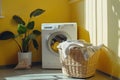 Modern laundry room interior with yellow walls Royalty Free Stock Photo