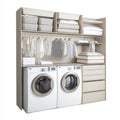 A modern laundry room setup featuring washers, storage, and organized linens Royalty Free Stock Photo