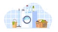Modern laundry room with washing machine, basket with dirty clothes and different detergents, bucket and mop. Electronic