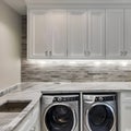 1 A modern laundry room with white cabinetry, a large sink, and a marble countertop5, Generative AI