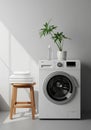 Modern laundry scene featuring a front-loading washing machine with a sleek design, Royalty Free Stock Photo