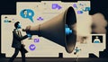 Modern lead generation methods. Business man with large megaphone, stylized illustration. Generative AI