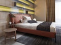 Modern leather bed with side tables with lamps in the contemporary bedroom. Illuminated shelves, glossy wall panels, leather