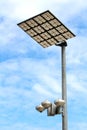 Modern LED street light reflectors in protective case pointed towards large reflective panels mounted on top of strong metal pole